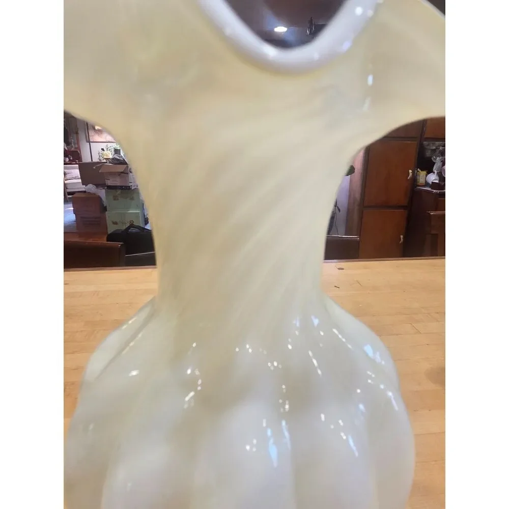 Vintage Fenton Yellow White Spiral Swirl Glass Ruffled Vase 11 Inch MCM